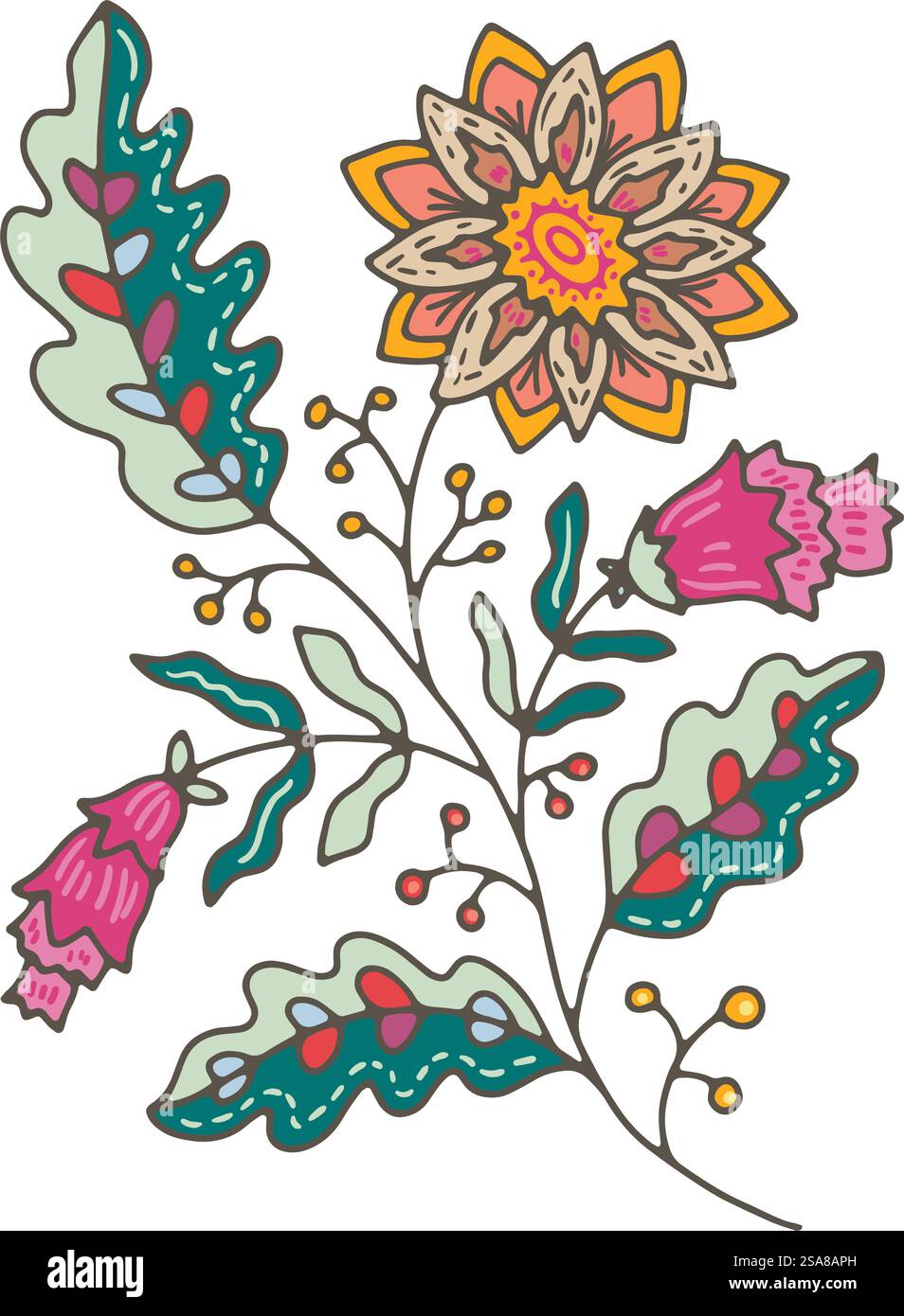 Illustration vectorielle d'une branche florale stylisée avec des détails complexes, isolée sur un fond blanc. Convient pour les impressions, les motifs ou les conceptions numériques .. Vecteur détaillé d'illustration de branche florale Illustration de Vecteur