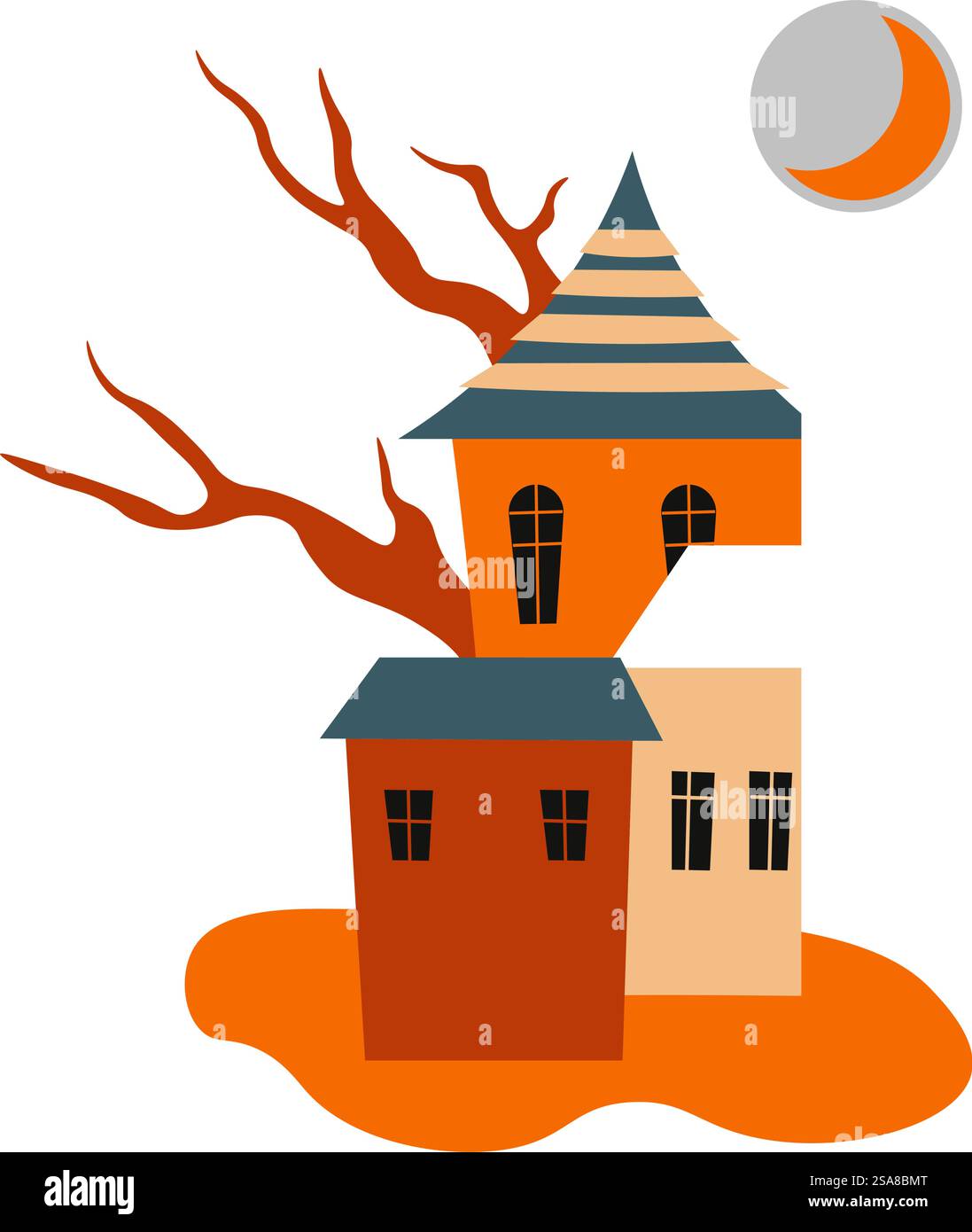 Illustration vectorielle d'une maison hantée avec un croissant de lune en arrière-plan, isolé sur un fond blanc. Parfait pour les designs et invitations sur le thème d'Halloween.. Vecteur d'illustration de maison hantée d'Halloween Illustration de Vecteur