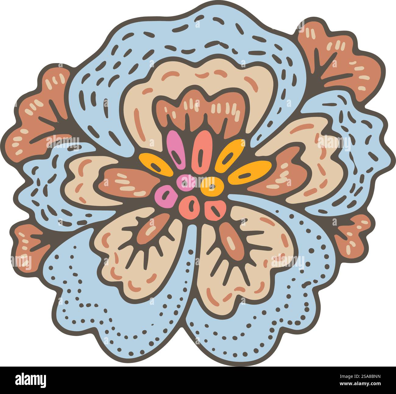 Un bouquet floral décoratif avec des fleurs et des feuilles stylisées, détaillé avec des motifs colorés. Illustration vectorielle, isolée sur blanc, adaptée aux projets décoratifs.. Vecteur de conception de bouquet floral ornemental Illustration de Vecteur