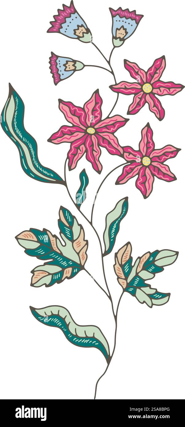 Illustration vectorielle d'une branche florale stylisée avec des détails complexes, isolée sur un fond blanc. Convient pour les impressions, les motifs ou les conceptions numériques .. Vecteur détaillé d'illustration de branche florale Illustration de Vecteur