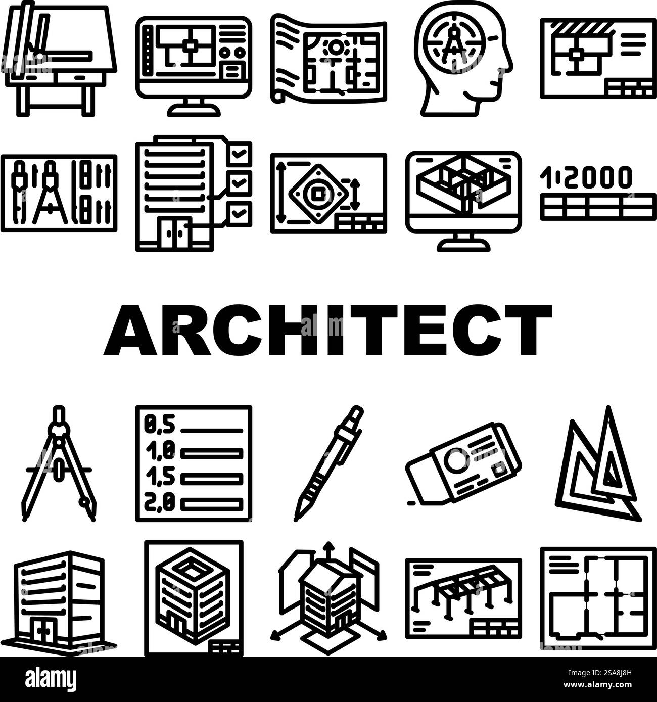 vecteur de jeu d'icônes de dessin de dessinateur architectural. ingénieur de maison, plan architecture construction architecte bâtiment projet plan dessinateur architectural dessinant des illustrations de contour noir. vecteur de jeu d'icônes de dessin de dessinateur architectural Illustration de Vecteur