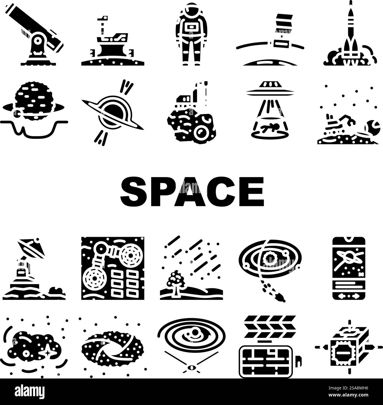 vecteur d'ensemble d'icônes de planète d'exploration spatiale. science astronaute, galaxie future, technologie de l'univers, cosmos, ciel terrestre, illustrations de pictogramme de glyphe de planète d'exploration spatiale des étoiles. vecteur d'ensemble d'icônes de planète d'exploration spatiale Illustration de Vecteur