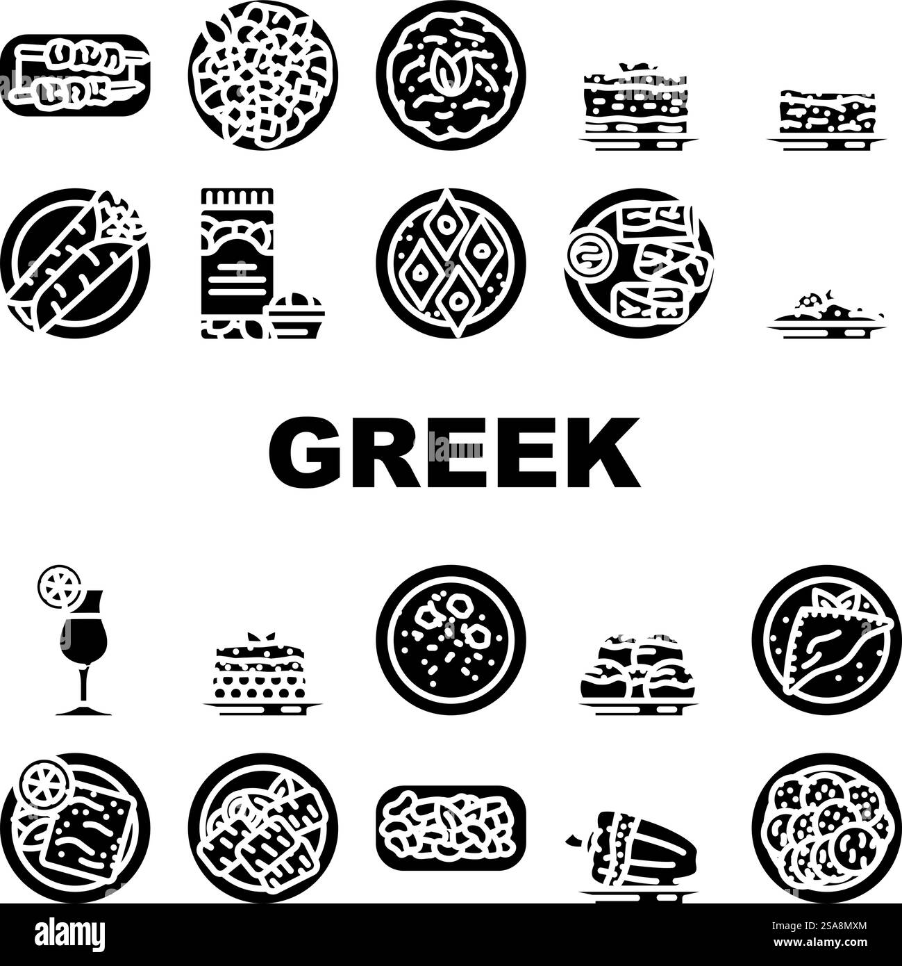 vecteur de jeu d'icônes de salade de nourriture de cuisine grecque. table grèce, feta méditerranéenne, île repas, fromage dîner, restaurant, huile d'olive cuisine grecque nourriture salade glyphe illustrations pictogramme. vecteur de jeu d'icônes de salade de nourriture de cuisine grecque Illustration de Vecteur