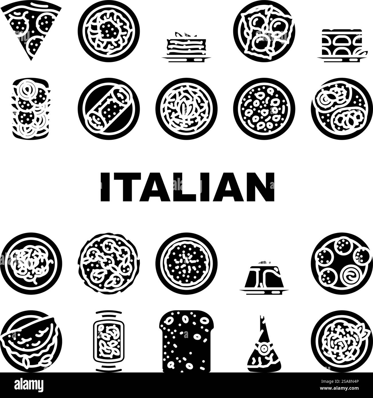 vecteur de jeu d'icônes de pâtes alimentaires de cuisine italienne. assiette dîner, repas délicieux, table italie, restaurant gastronomique, spaghetti, végétarien cuisine italienne nourriture pâtes glyphe illustrations pictogramme. vecteur de jeu d'icônes de pâtes alimentaires de cuisine italienne Illustration de Vecteur