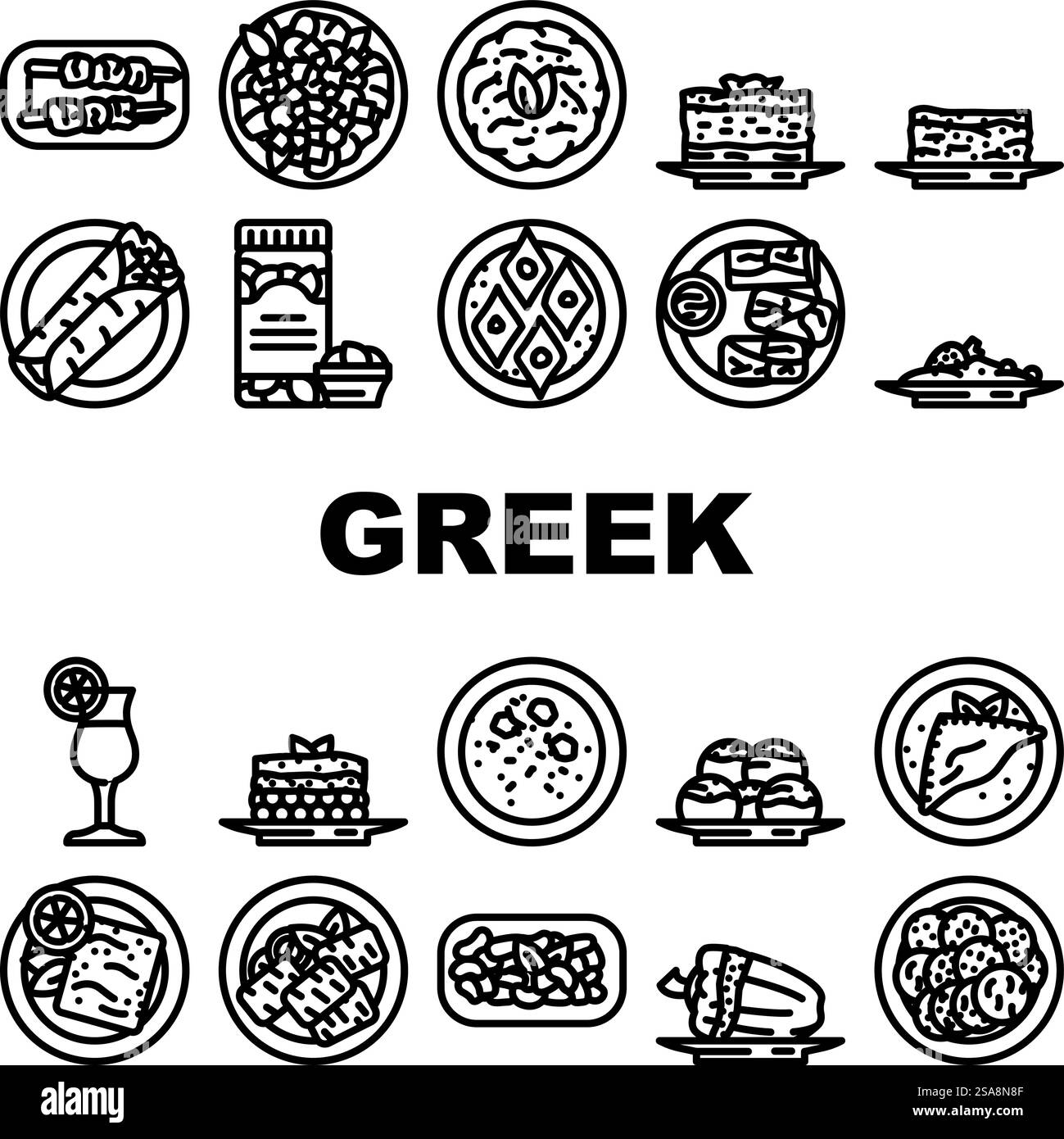 vecteur de jeu d'icônes de salade de nourriture de cuisine grecque. table grèce, feta méditerranéenne, île repas, fromage dîner, restaurant, huile d'olive cuisine grecque salade alimentaire illustrations de contour noir. vecteur de jeu d'icônes de salade de nourriture de cuisine grecque Illustration de Vecteur