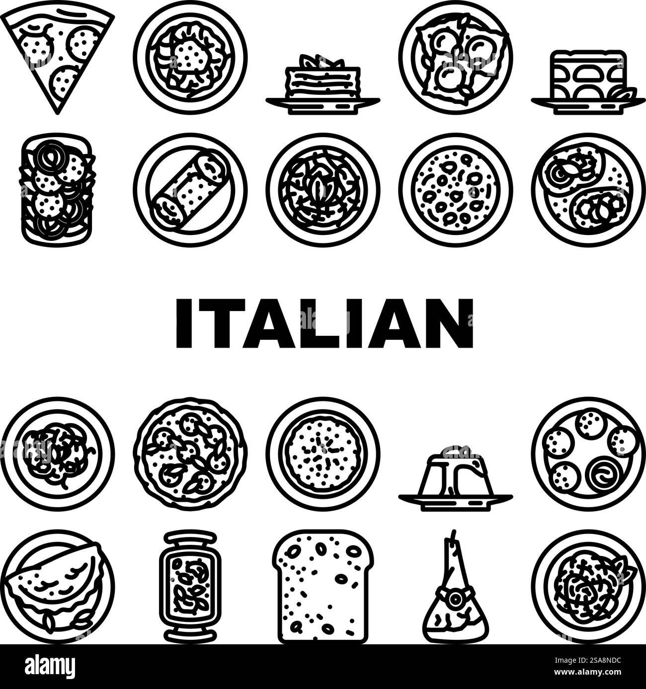 vecteur de jeu d'icônes de pâtes alimentaires de cuisine italienne. assiette dîner, repas délicieux, table italie, restaurant gastronomique, spaghetti, végétarien cuisine italienne nourriture pâtes contour noir illustrations. vecteur de jeu d'icônes de pâtes alimentaires de cuisine italienne Illustration de Vecteur