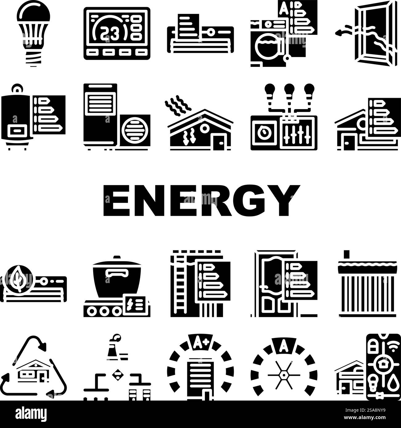 vecteur de définition d'icônes de maison de technologie économe en énergie. Construction de maisons, énergie verte efficace de la technologie, électricité solaire, éco environnement technologie efficace de l'énergie à la maison illustrations de pictogramme de glyphe. vecteur de définition d'icônes de maison de technologie économe en énergie Illustration de Vecteur