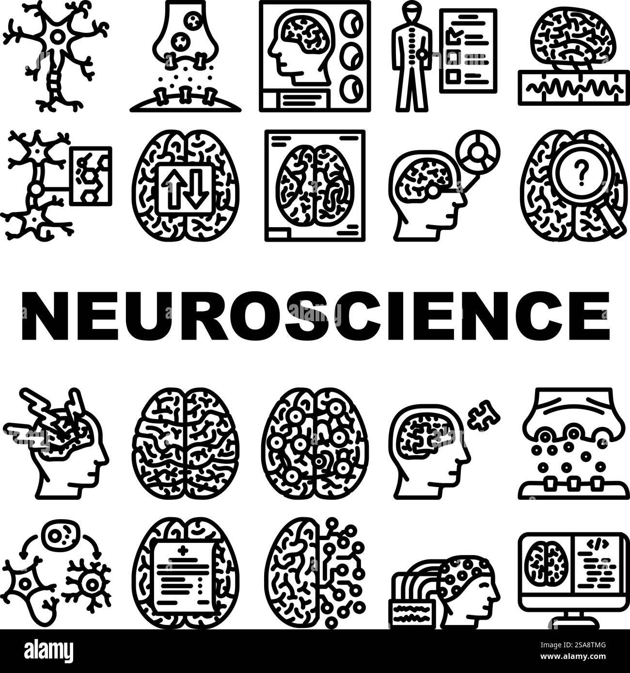 vecteur d'ensemble d'icônes médicales de médecin de cerveau de neuroscience. ordinateur de recherche, science de la technologie, neurochirurgie sommeil, neurologie de la santé, cerveau neuroscience médecin médical contour noir illustrations. vecteur d'ensemble d'icônes médicales de médecin de cerveau de neuroscience Illustration de Vecteur