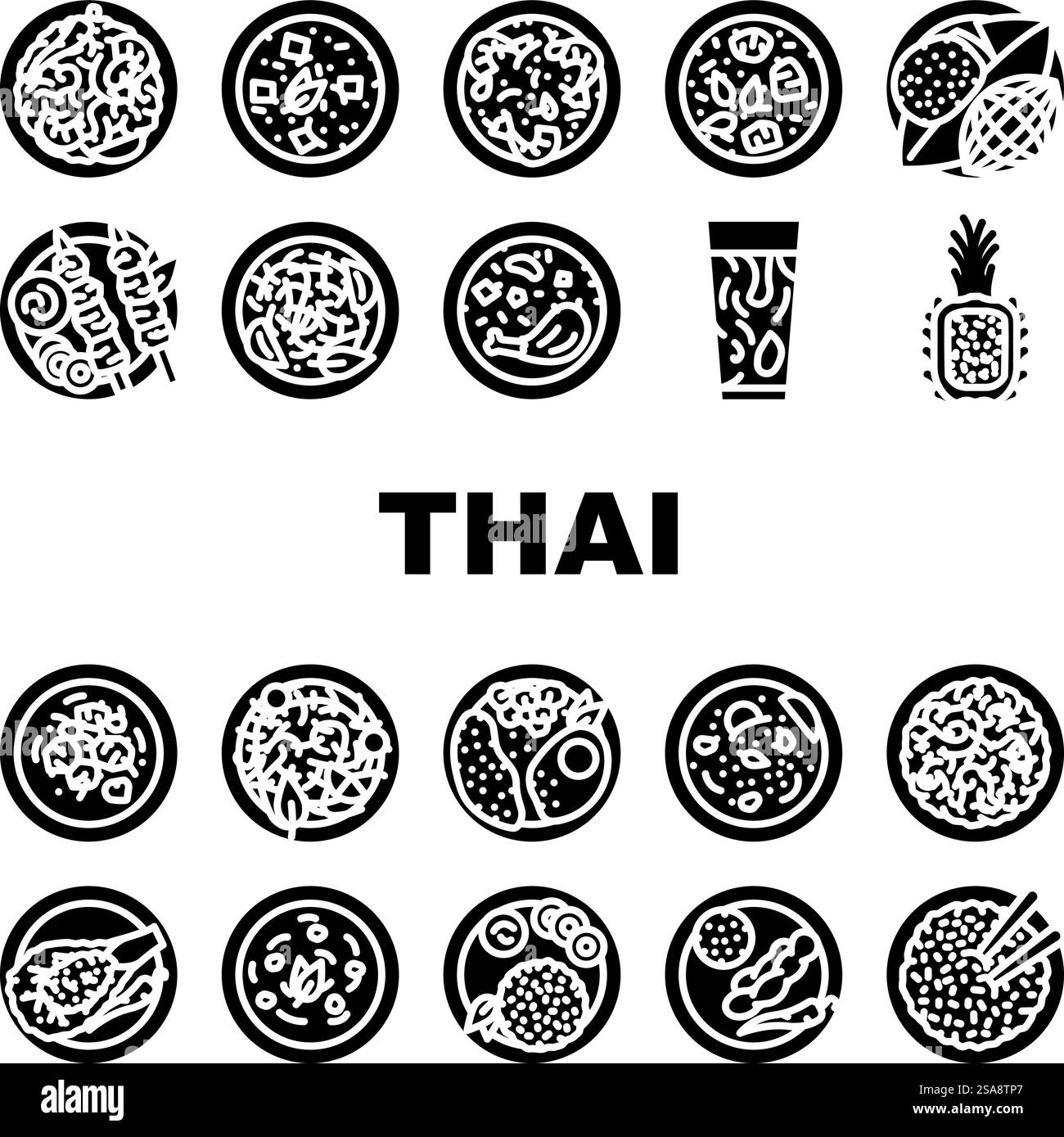 vecteur de jeu d'icônes de plats asiatiques de cuisine thaïlandaise. restaurant chinois, cuisine thaïlandaise, repas dîner, menu plat, bol, cuisine thaïlandaise traditionnelle cuisine asiatique pictogramme de glyphe illustrations. vecteur de jeu d'icônes de plats asiatiques de cuisine thaïlandaise Illustration de Vecteur