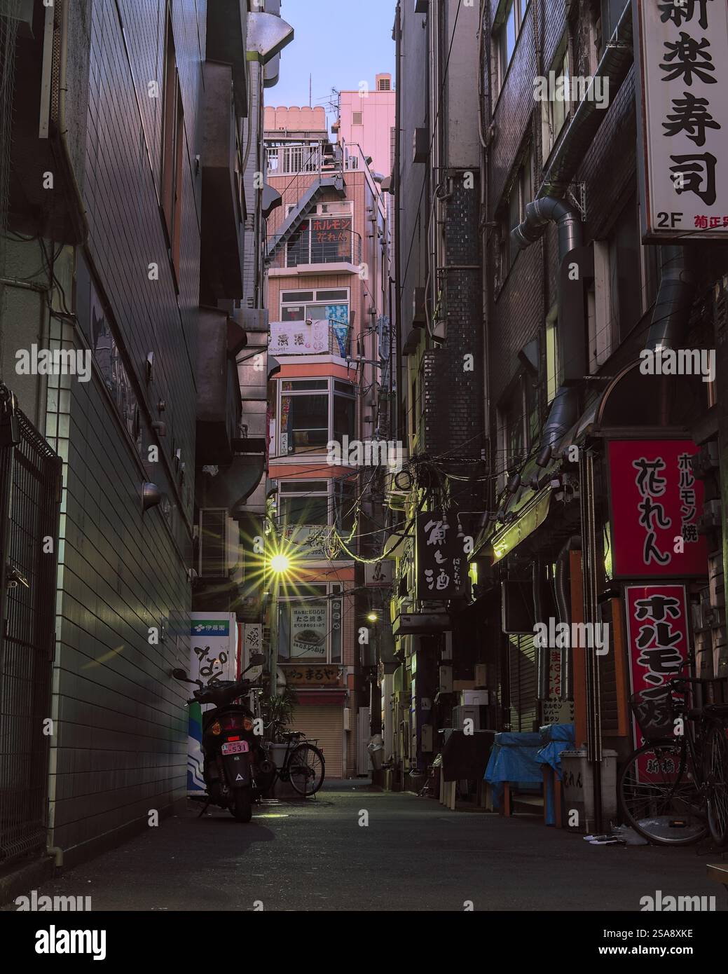 Vue tôt le matin d'une ruelle vide entre de grands bâtiments dans le centre de Tokyo, avec plusieurs panneaux, vélos, boutiques et une moto visible Banque D'Images