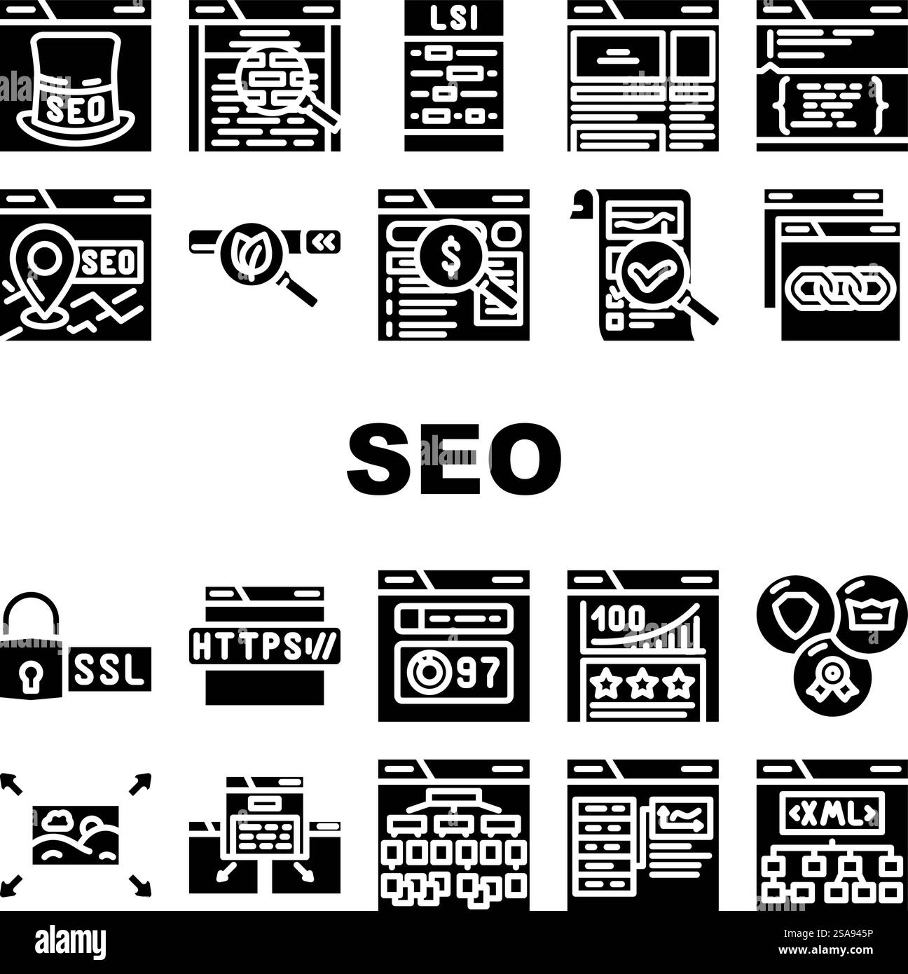 seo web conseil technique icônes set vecteur. interface utilisateur de lien, trafic de mots-clés, page de marché, support social, médias, calendrier, référencement actif Web consultant technique illustrations de pictogrammes de glyphes. seo web conseil technique icônes set vecteur Illustration de Vecteur