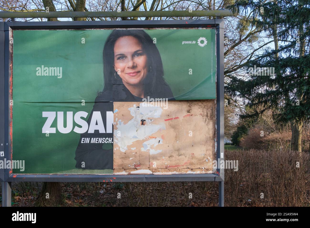 Affiche électorale pour l'élection du 21e Bundestag allemand du 23 février 2025. Affiche détruite d'Annalena Baerbock, candidate des Verts Banque D'Images