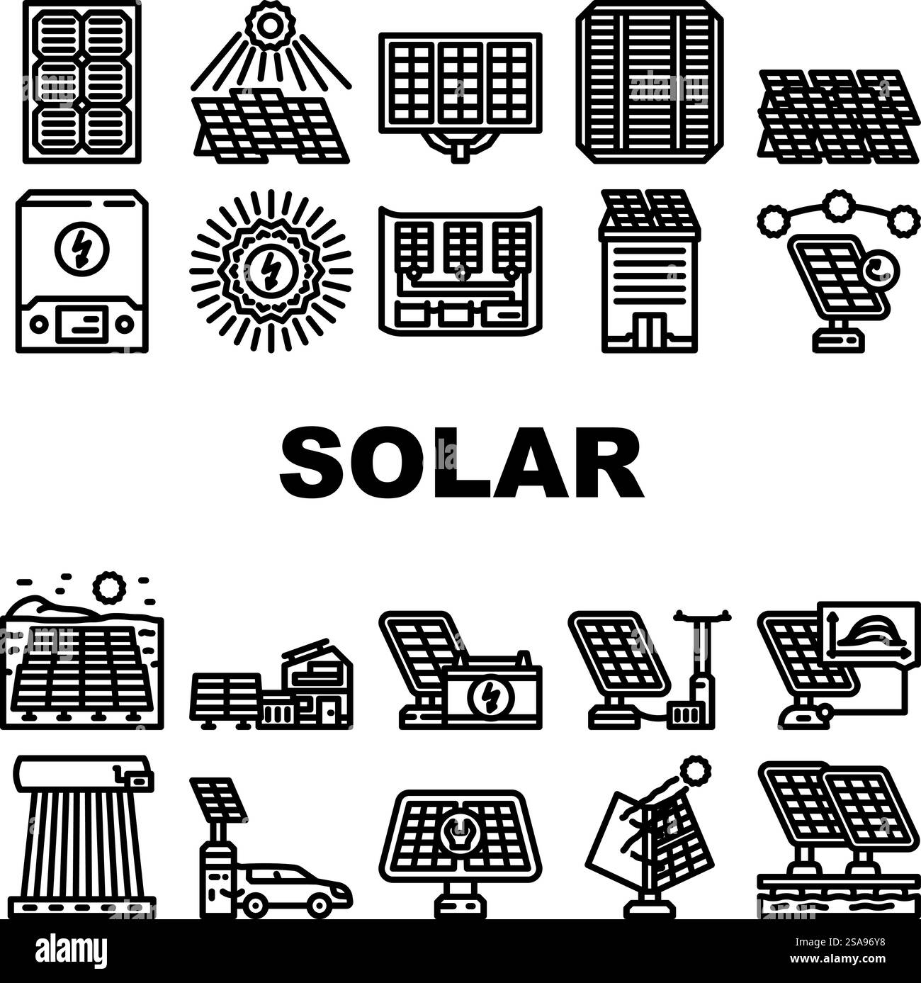 vecteur de réglage d'icônes solaires de puissance d'énergie de panneaux solaires. photovoltaïque vert, technologie cellulaire, industrie de la maison, système renouvelable, ciel maison toit panneaux solaires énergie énergie soleil noir illustrations de contour. vecteur de réglage d'icônes solaires de puissance d'énergie de panneaux solaires Illustration de Vecteur