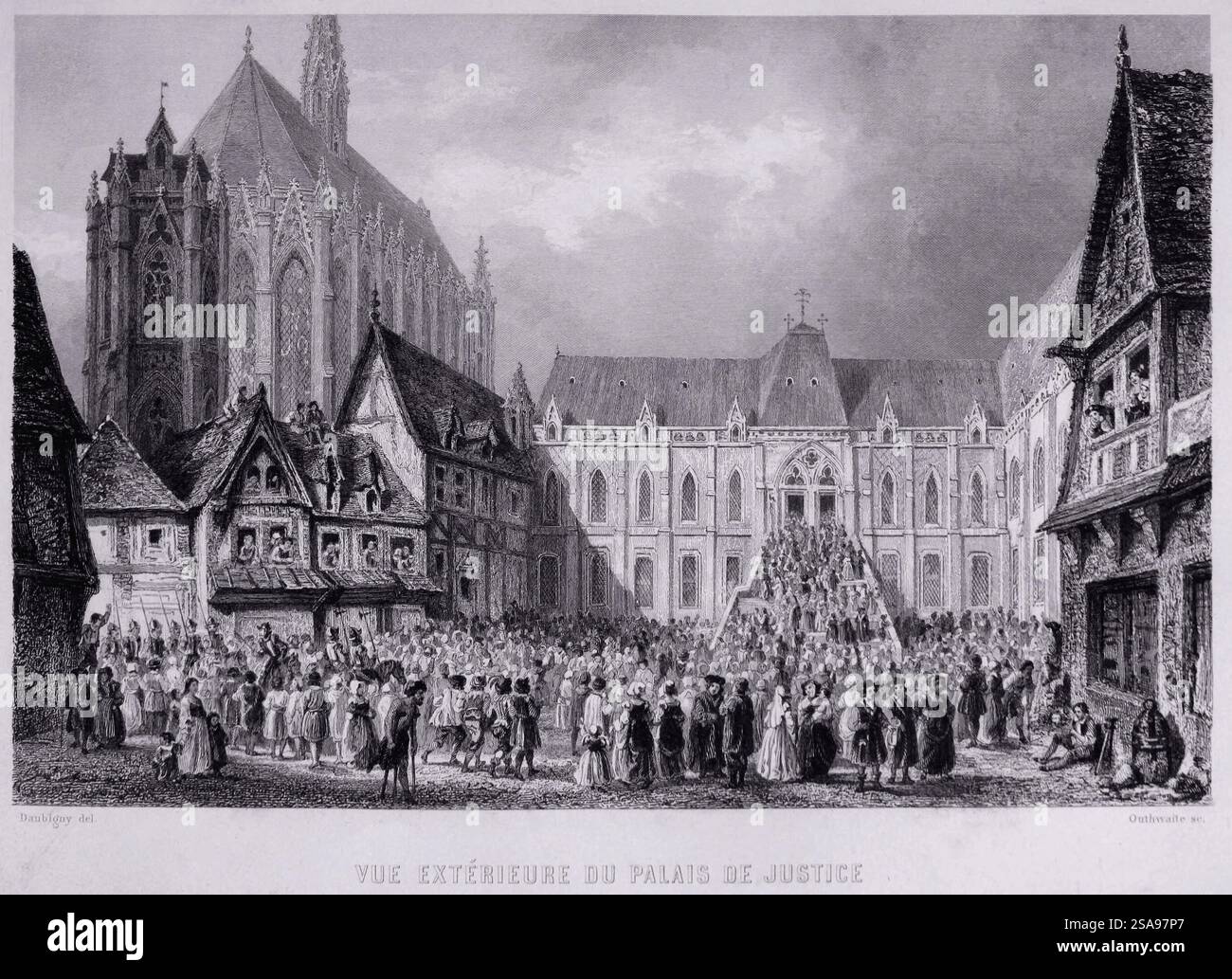 Gravure sur bois de notre-Dame de Paris de Victor Hugo, publiée en 1844 par Perrotin, Paris. Illustration : vue extérieure du Palais de Justice. Vue extérieure du palais de justice de Paris et de sa cour bondée telle qu'elle aurait pu paraître dans les années 1480 Derrière les maisons à pans de bois sur la gauche se trouve la Sainte-Chapelle. Banque D'Images