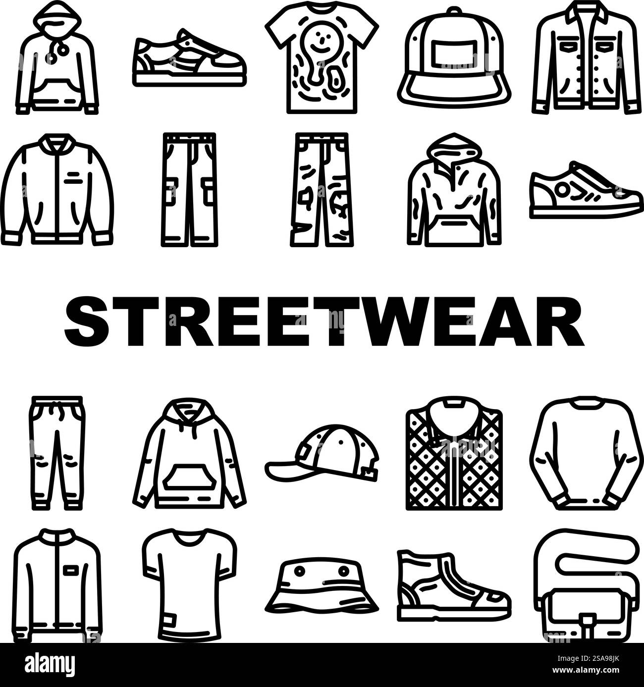 vecteur de jeu d'icônes de style urbain en tissu streetwear. élément d'impression, chemise femme, mode abstraite, vêtements de magasin, globe ange, illustrations de contour noir futuriste en tissu streetwear style urbain. vecteur de jeu d'icônes de style urbain en tissu streetwear Illustration de Vecteur