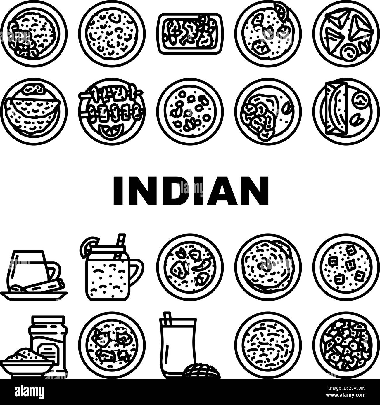 vecteur de jeu d'icônes de poulet de nourriture de curry de cuisine indienne. restaurant plat, riz asiatique, repas indien, épices masala, dîner cuisine indienne curry poulet noir contours illustrations. vecteur de jeu d'icônes de poulet de nourriture de curry de cuisine indienne Illustration de Vecteur