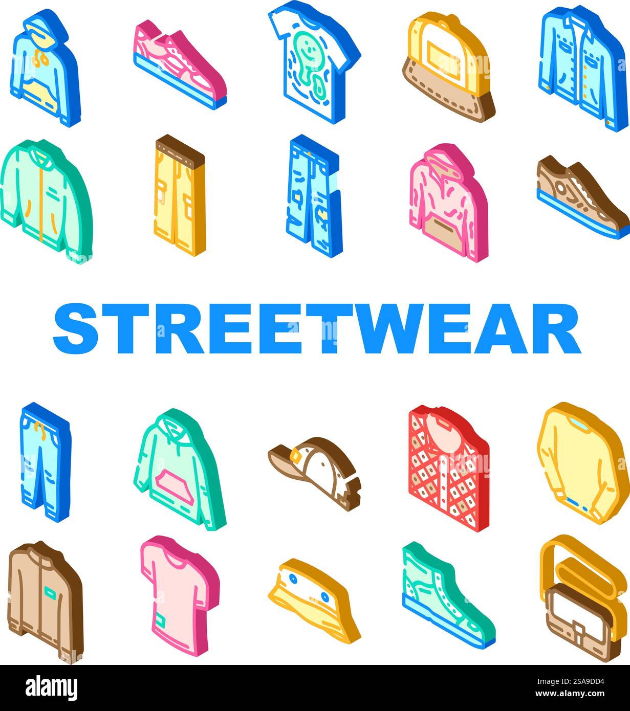 vecteur de jeu d'icônes de style urbain en tissu streetwear. élément d'impression, chemise femme, mode abstraite, vêtements de magasin, globe ange, illustrations de signes isométriques en tissu streetwear futuriste de style urbain. vecteur de jeu d'icônes de style urbain en tissu streetwear Illustration de Vecteur