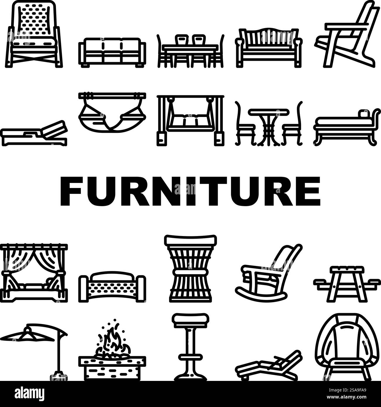 meubles d'extérieur jardin terrasse icônes set vecteur. patio house, table maison, balcon d'été, terrasse extérieure en bois, rotin, mobilier d'extérieur de luxe jardin terrasse illustrations de contour noir. meubles d'extérieur jardin terrasse icônes set vecteur Illustration de Vecteur