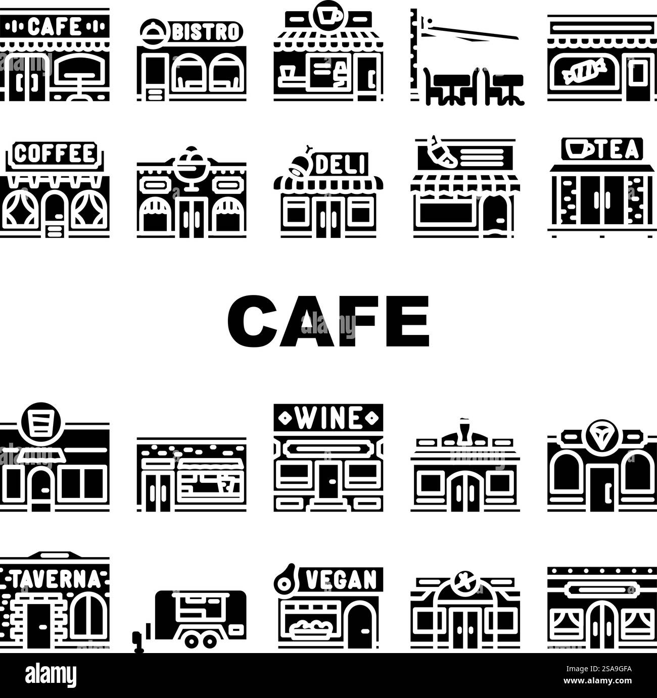 vecteur de jeu d'icônes extérieures de ville de café de rue. table de restaurant, café europe, voyage d'été, extérieur urbain, terrasse, illustrations de pictogramme de glyphe extérieur de bistro Street café City. vecteur de jeu d'icônes extérieures de ville de café de rue Illustration de Vecteur