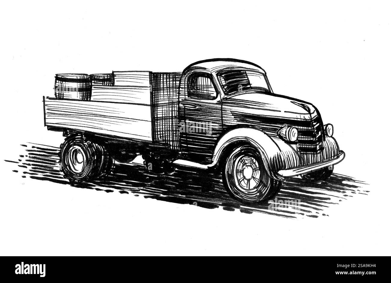 Vieux camion. Illustration noire et blanche dessinée à la main de style rétro Banque D'Images