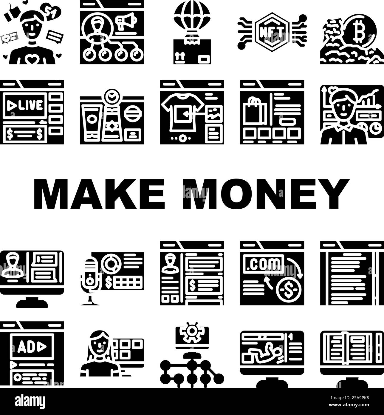 faire de l'argent internet icônes de travail en ligne définir vecteur. Ordinateur d'affaires, revenu d'ordinateur portable, finance mobile, technologie numérique faire de l'argent Internet emploi en ligne illustrations de pictogramme de glyphe. faire de l'argent internet icônes de travail en ligne définir vecteur Illustration de Vecteur