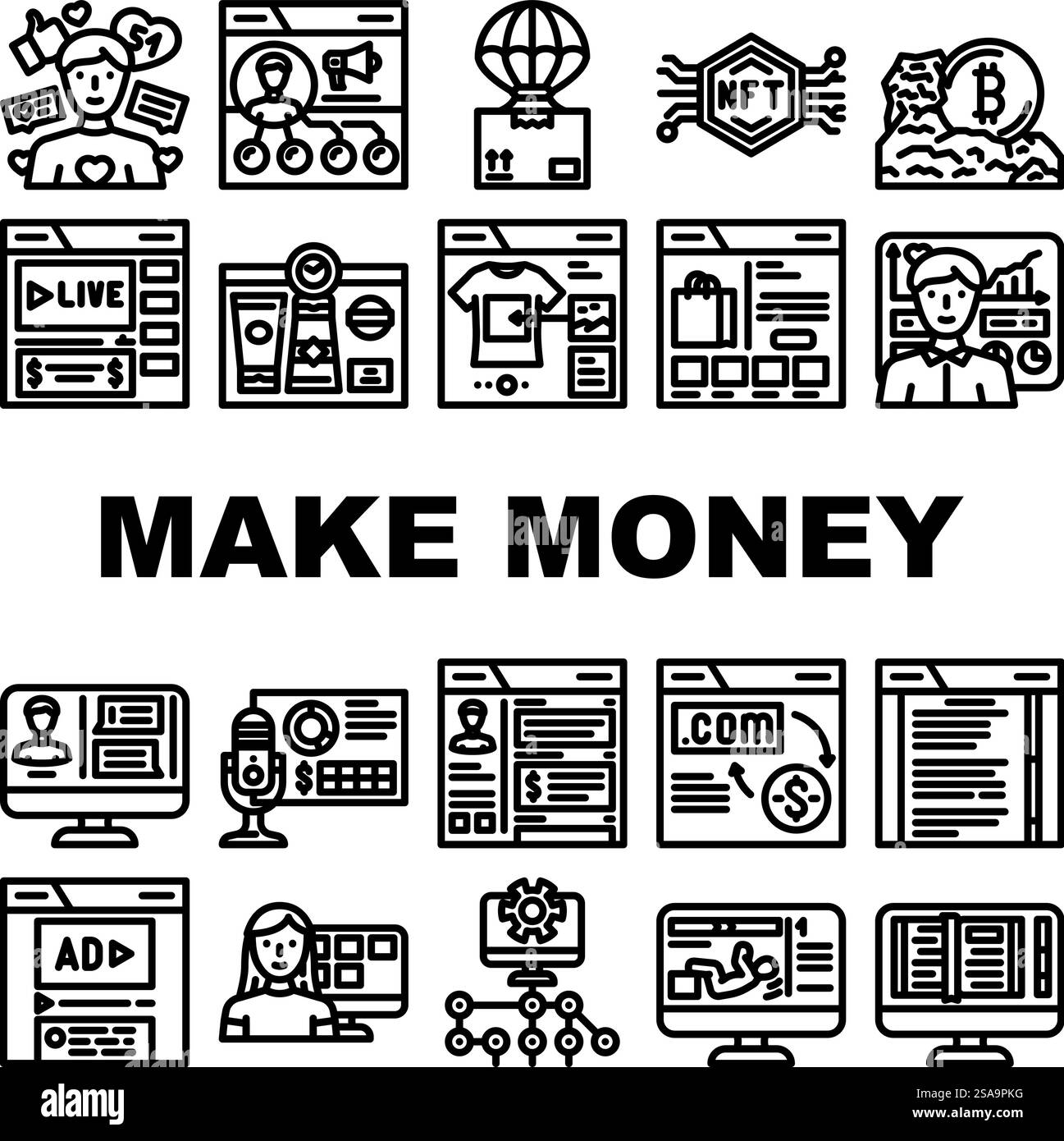 faire de l'argent internet icônes de travail en ligne définir vecteur. ordinateur d'affaires, revenu d'ordinateur portable, finance mobile, technologie numérique faire de l'argent internet en ligne travail noir illustrations de contour. faire de l'argent internet icônes de travail en ligne définir vecteur Illustration de Vecteur