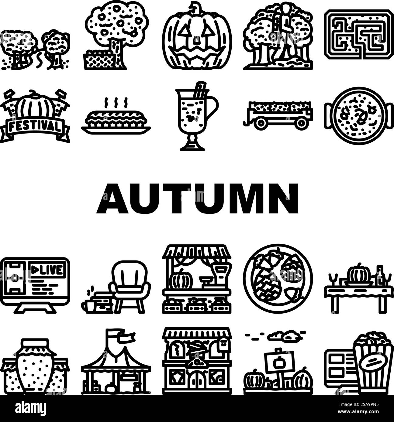 l'automne passe le temps des icônes de forêt définir vecteur. famille de la nature, femme ensemble, gens du parc, arbre de jardin, portrait de père, champignon automne passer du temps forêt noir illustrations de contour. l'automne passe le temps des icônes de forêt définir vecteur Illustration de Vecteur