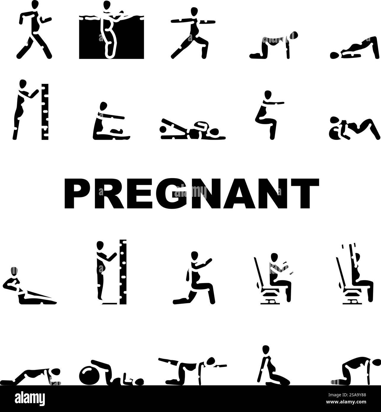 vecteur d'ensemble d'icônes de yoga prénatal de fitness enceinte. Force d'exercice, flexibilité bien-être, équilibre de santé nutrition endurance, respiration enceinte forme physique prénatale illustrations de pictogramme de glyphe de yoga. vecteur d'ensemble d'icônes de yoga prénatal de fitness enceinte Illustration de Vecteur