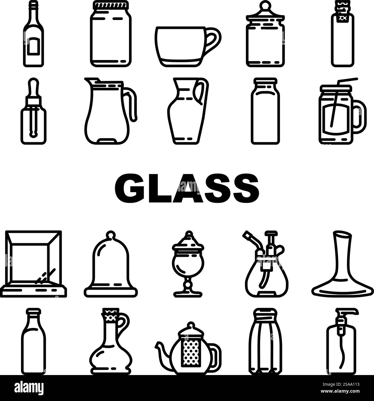 vecteur de jeu d'icônes de transparence d'emballage en verre. tasse, tasse, bouteille, gobelet de vase de réfraction, verre, illustrations de contour noir transparent d'emballage en verre trempé, givré et teinté. vecteur de jeu d'icônes de transparence d'emballage en verre Illustration de Vecteur