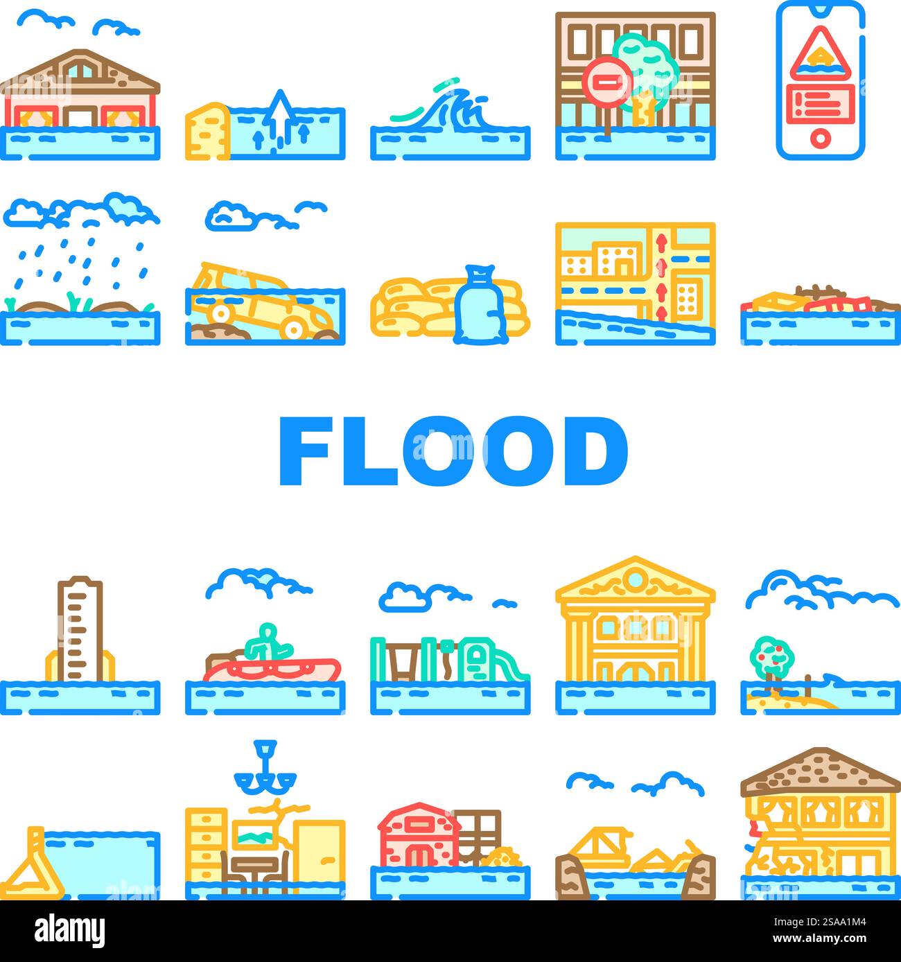 les icônes de tempête de catastrophe d'eau d'inondation définissent le vecteur. rivière de pluie, inondation de vague, urgence de débordement, évacuation, sauvetage, dégâts causés par une inondation, une catastrophe d'eau, des illustrations de lignes de couleurs de tempête les icônes de tempête de catastrophe d'eau d'inondation définissent le vecteur Illustration de Vecteur