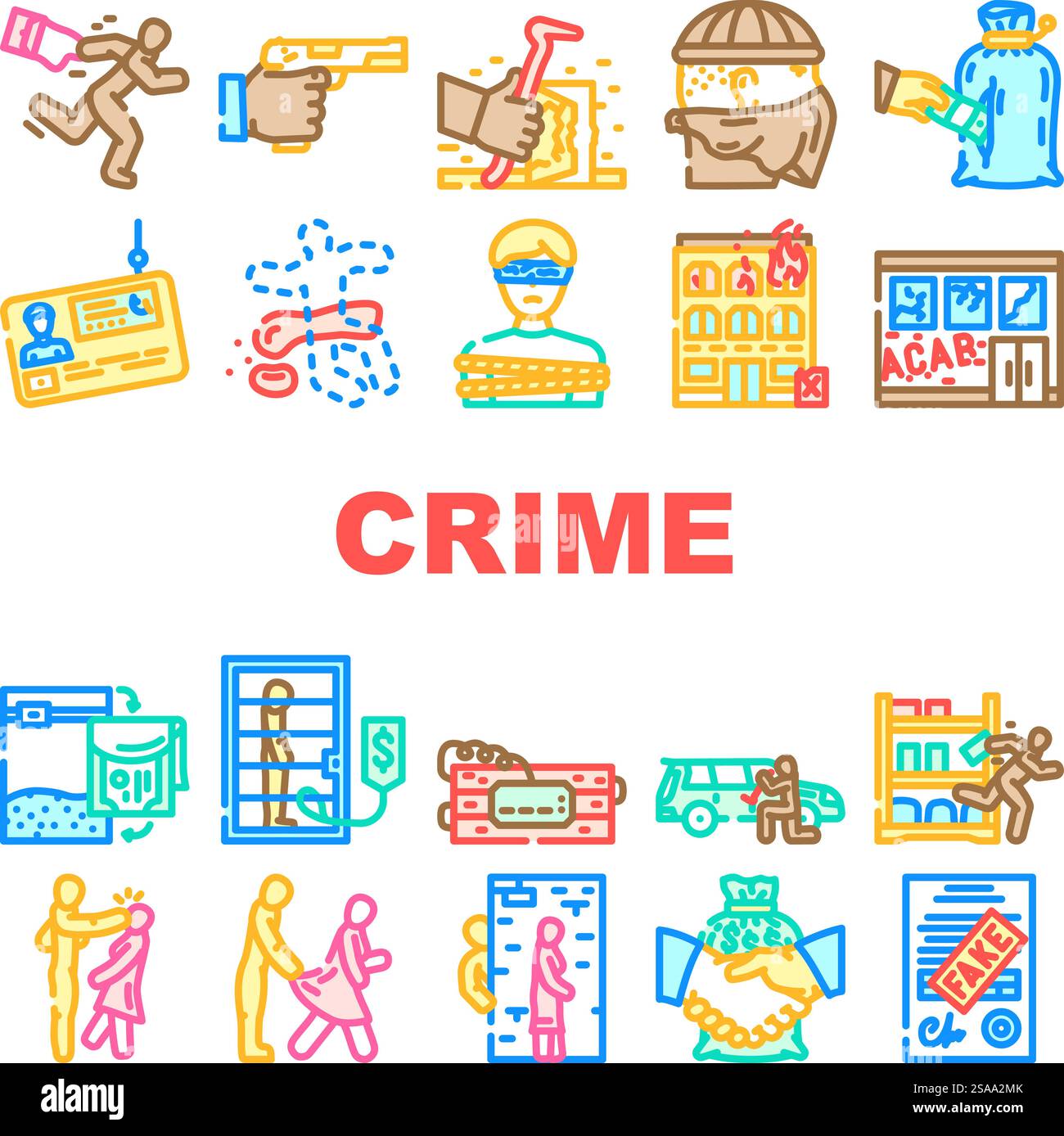 les icônes de vol de police de droit de la justice criminelle définissent le vecteur. meurtre agression, vol frauduleux, violence prison, preuves au procès, arrestation, illustration des lignes de couleur du vol par la police de la loi sur la justice contre les victimes. les icônes de vol de police de droit de la justice criminelle définissent le vecteur Illustration de Vecteur