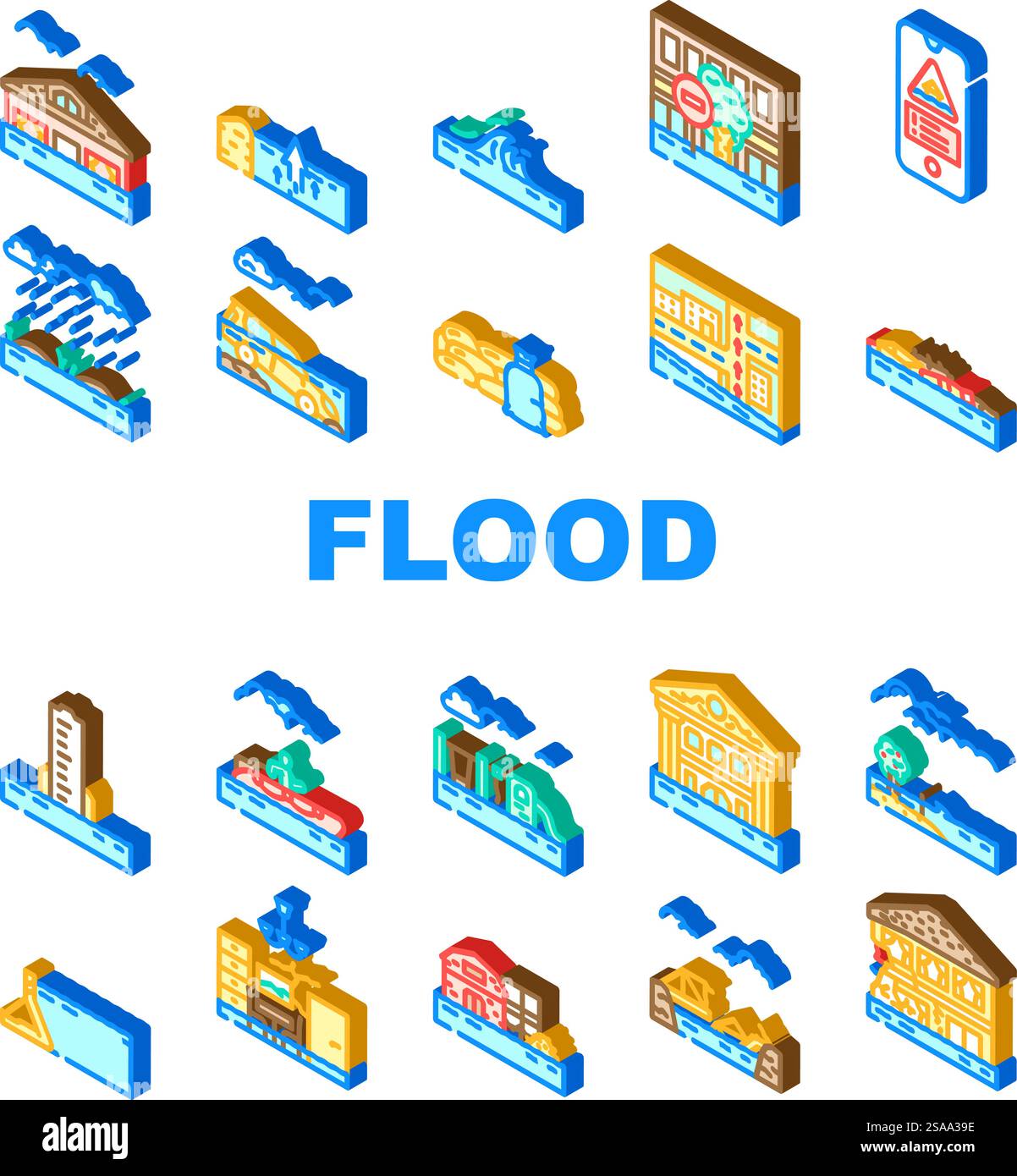 les icônes de tempête de catastrophe d'eau d'inondation définissent le vecteur. rivière de pluie, inondation de vague, urgence de débordement, évacuation, sauvetage, dommages inondation catastrophe eau tempête illustrations de signes isométriques. les icônes de tempête de catastrophe d'eau d'inondation définissent le vecteur Illustration de Vecteur