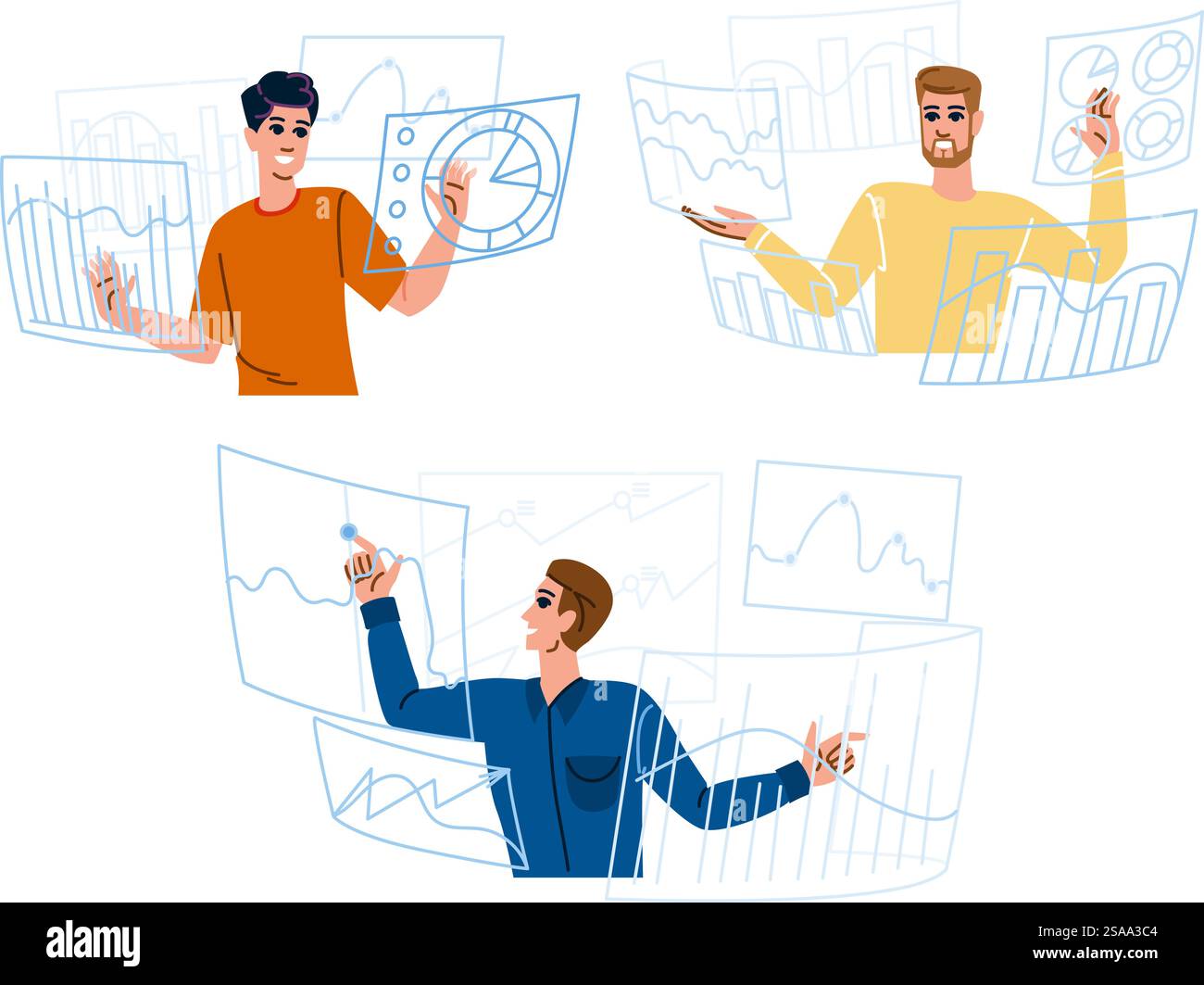 graphique graphique vecteur graphique. analyse des statistiques, rapport de tendances, métriques perforce graphique man chart caractère. illustration de bande dessinée plate de gens. graphique graphique vecteur graphique Illustration de Vecteur