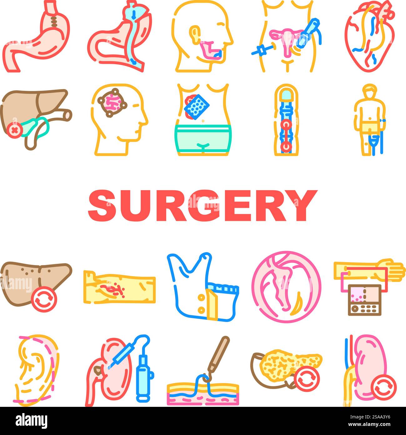 icônes de scalpel de médecin de chirurgie définir vecteur. hôpital de chirurgien, instruments de clinique, masque de gommage, blouse de gants, urgence, illustrations des lignes de couleur du scalpel du médecin traumatologue. icônes de scalpel de médecin de chirurgie définir vecteur Illustration de Vecteur