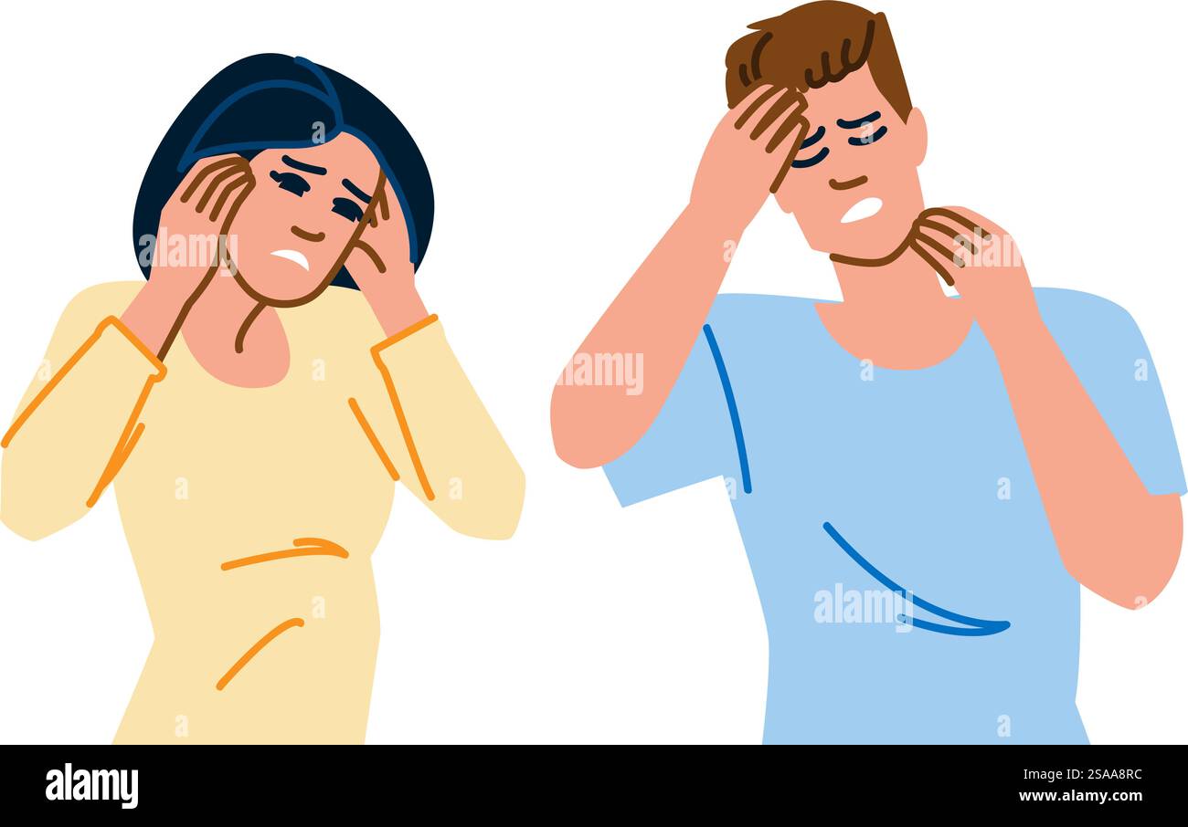 vecteur migraineux de céphalées de stress. douleur d'anxiété, déclencheur de soulagement, caractère de céphalée de stress de migraine chronique de pression. illustration de bande dessinée plate de gens. vecteur migraineux de céphalées de stress Illustration de Vecteur