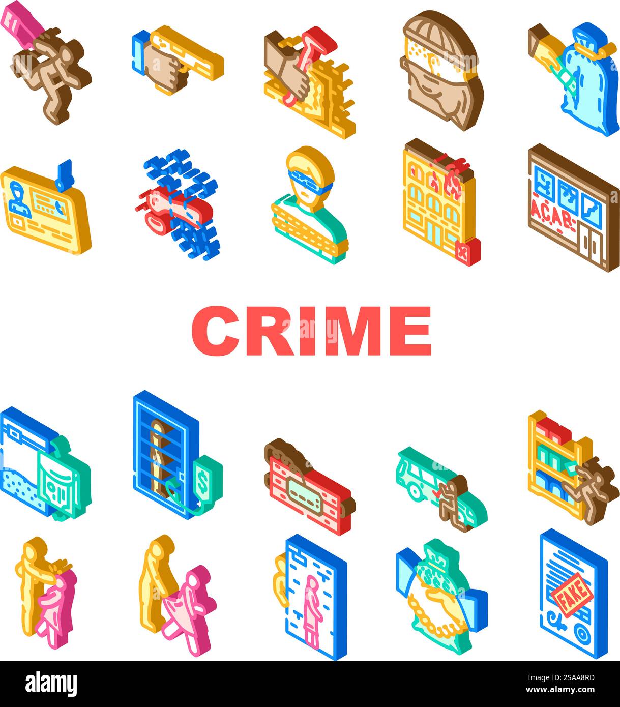 les icônes de vol de police de droit de la justice criminelle définissent le vecteur. meurtre agression, vol frauduleux, violence prison, preuves au procès, arrestation, illustration des signes isométriques du droit de la victime en matière de justice pénale vol par la police. les icônes de vol de police de droit de la justice criminelle définissent le vecteur Illustration de Vecteur