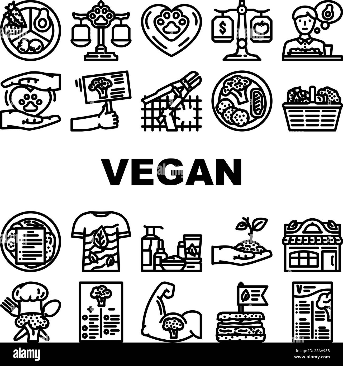 vecteur de jeu d'icônes gratuites cruelty basé sur des plantes végétaliennes. éthique durable, nutrition biologique, mode de vie diététique, recettes de protéines, illustrations de contour noir sans cruauté à base de plantes végétaliennes de santé. vecteur de jeu d'icônes gratuites cruelty basé sur des plantes végétaliennes Illustration de Vecteur
