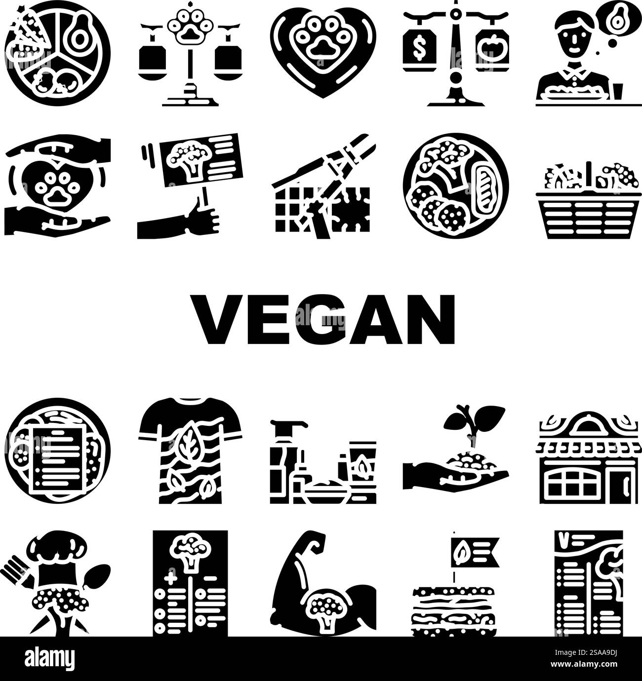 vecteur de jeu d'icônes gratuites cruelty basé sur des plantes végétaliennes. Éthique durable, nutrition biologique, mode de vie diététique, recettes de protéines, illustrations de pictogramme de glyphe sans cruauté végétalienne basées sur des plantes de santé. vecteur de jeu d'icônes gratuites cruelty basé sur des plantes végétaliennes Illustration de Vecteur
