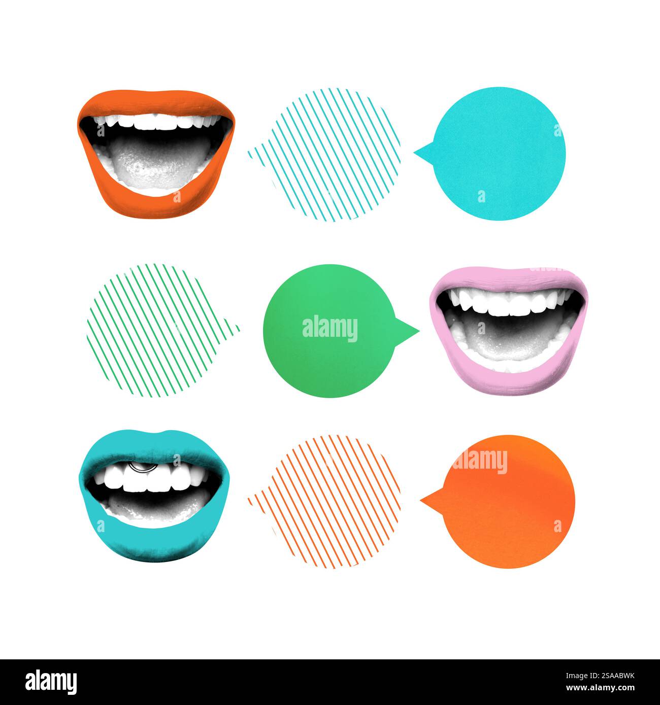 Œuvres d'art modernes. Les lèvres colorées avec des bulles de parole de différentes couleurs et motifs représentent la communication abstraite sur fond blanc. Banque D'Images