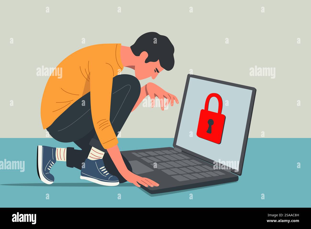 concept de protection et de sécurité, serrure rouge, anti-virus et mot de passe, contrôle du cloud web, pirate informatique maléfique essayant de voler dans un ordinateur portable, publicité commerciale Banque D'Images