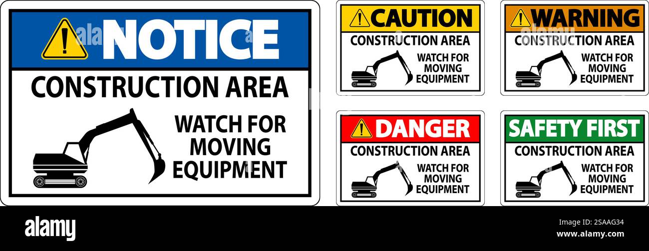 Zone de construction des panneaux d'avertissement - attention aux déplacements d'équipement Illustration de Vecteur