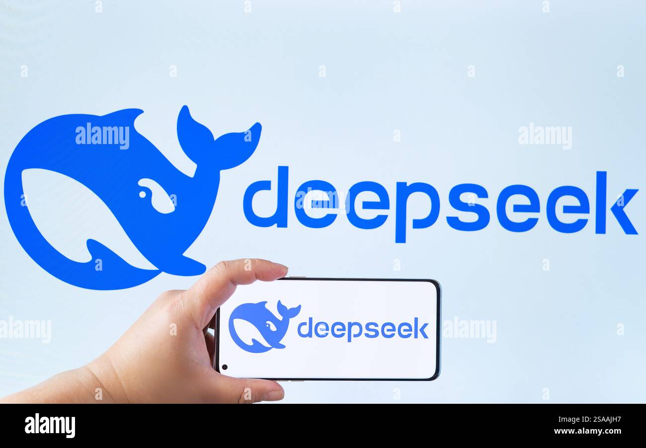 ZHONGSHAN Chine-janvier 29,2025:homme tenant un mobile avec logo Rednote devant un grand logo Rednote à la composition horizontale. Banque D'Images