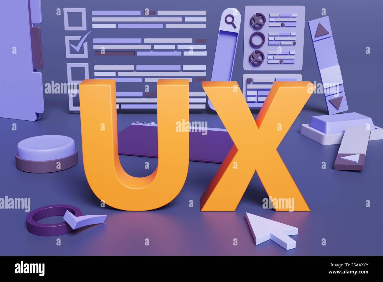 Texte orange UX placé parmi les composants de l'interface utilisateur Web (UI) de dessin animé ombré violet. Concept d'expérience utilisateur de conception de page de destination Banque D'Images