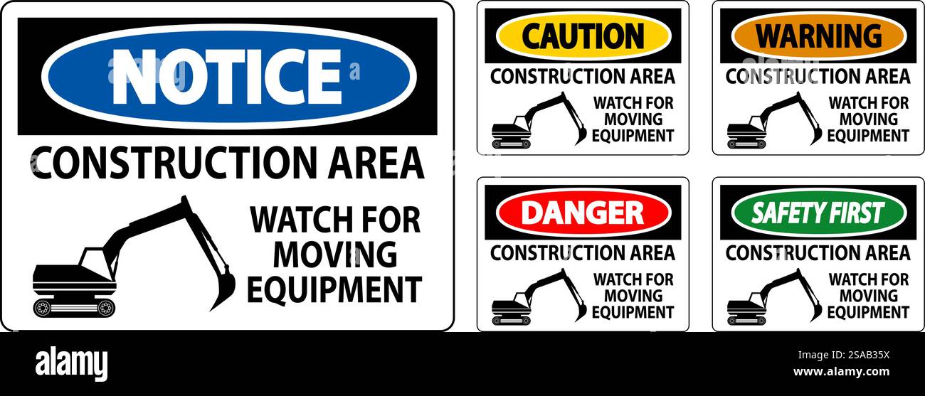 Zone de construction des panneaux d'avertissement - attention aux déplacements d'équipement Illustration de Vecteur