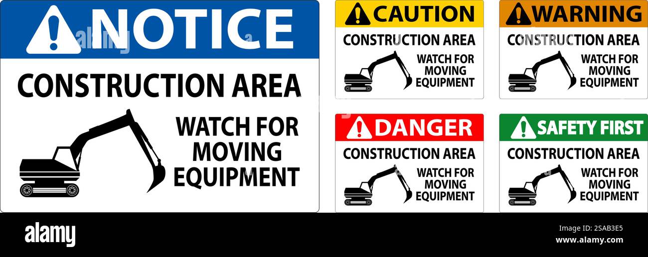 Zone de construction des panneaux d'avertissement - attention aux déplacements d'équipement Illustration de Vecteur