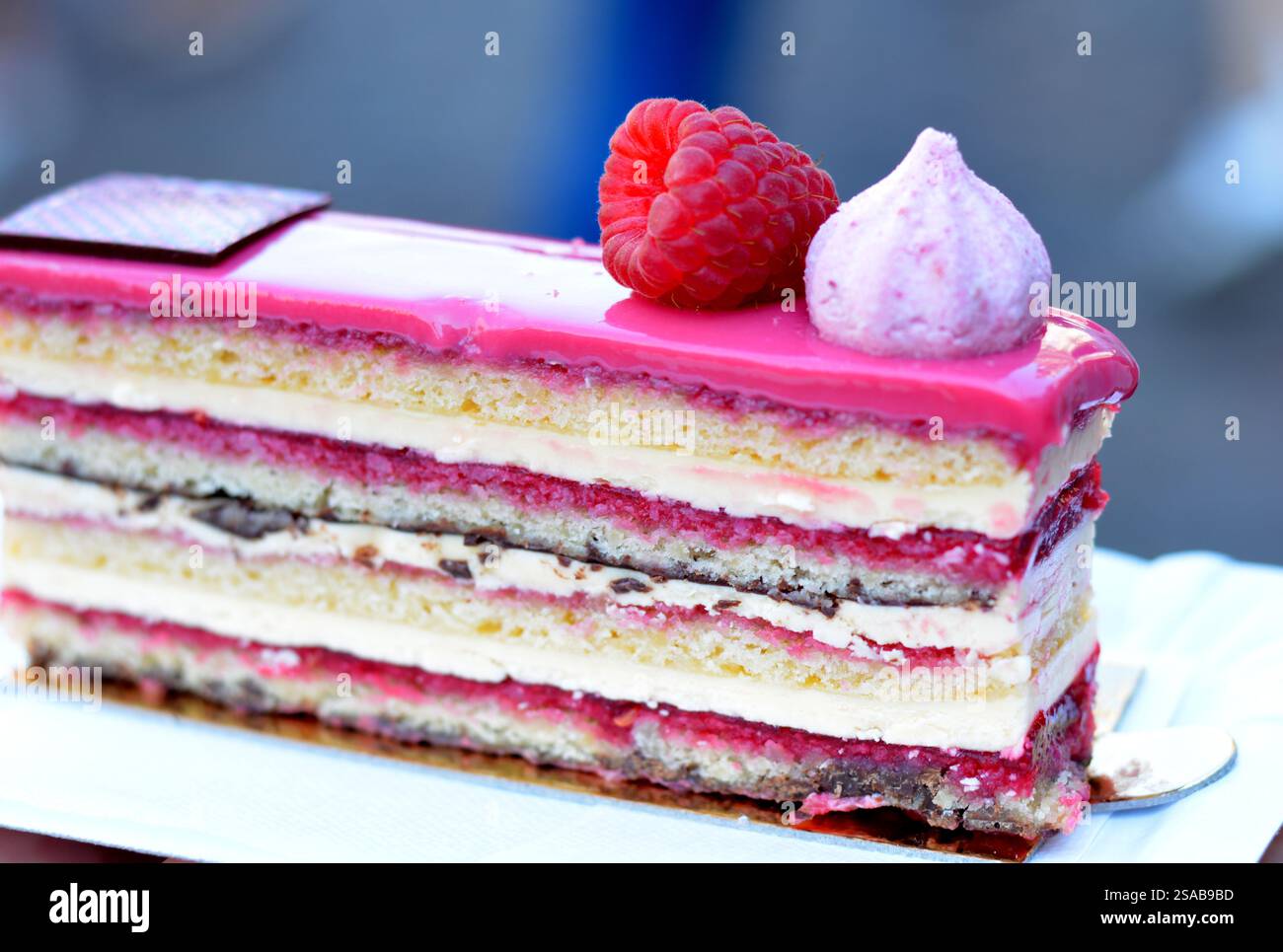 Savoureux gâteau à la framboise avec de la crème et une décoration de framboise fraîche dessus Banque D'Images