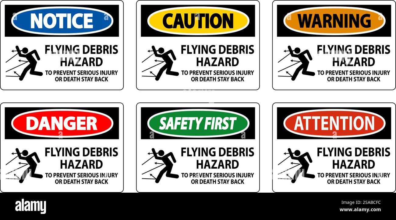 Signe de danger, risque de débris volants - pour éviter des blessures graves ou mortelles, rester en arrière Illustration de Vecteur