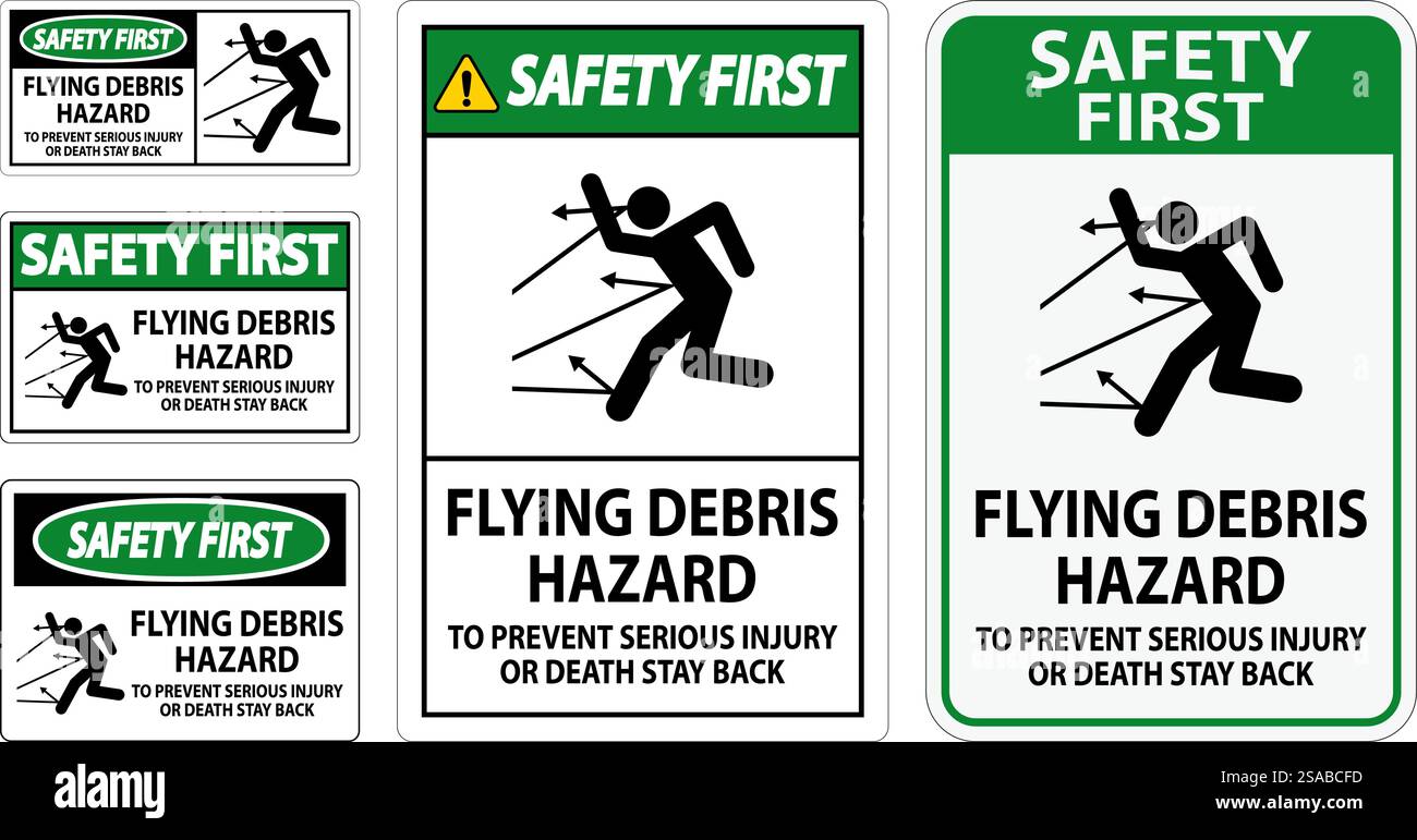 Signe de sécurité prioritaire, risque de débris volants - pour éviter les blessures graves ou mortelles, rester en arrière Illustration de Vecteur