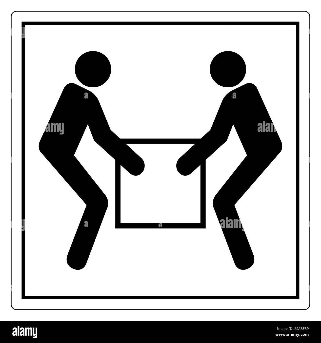 Une icône simple en noir et blanc représentant deux personnages soulevant une boîte ensemble, symbolisant le travail d'équipe et la coopération dans un environnement de travail. Illustration de Vecteur