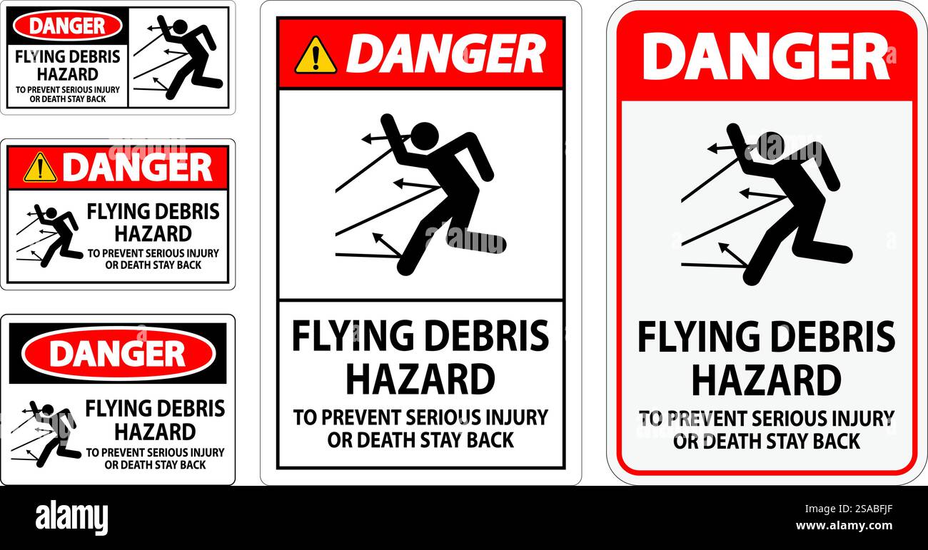 Signe de danger, risque de débris volants - pour éviter des blessures graves ou mortelles, rester en arrière Illustration de Vecteur